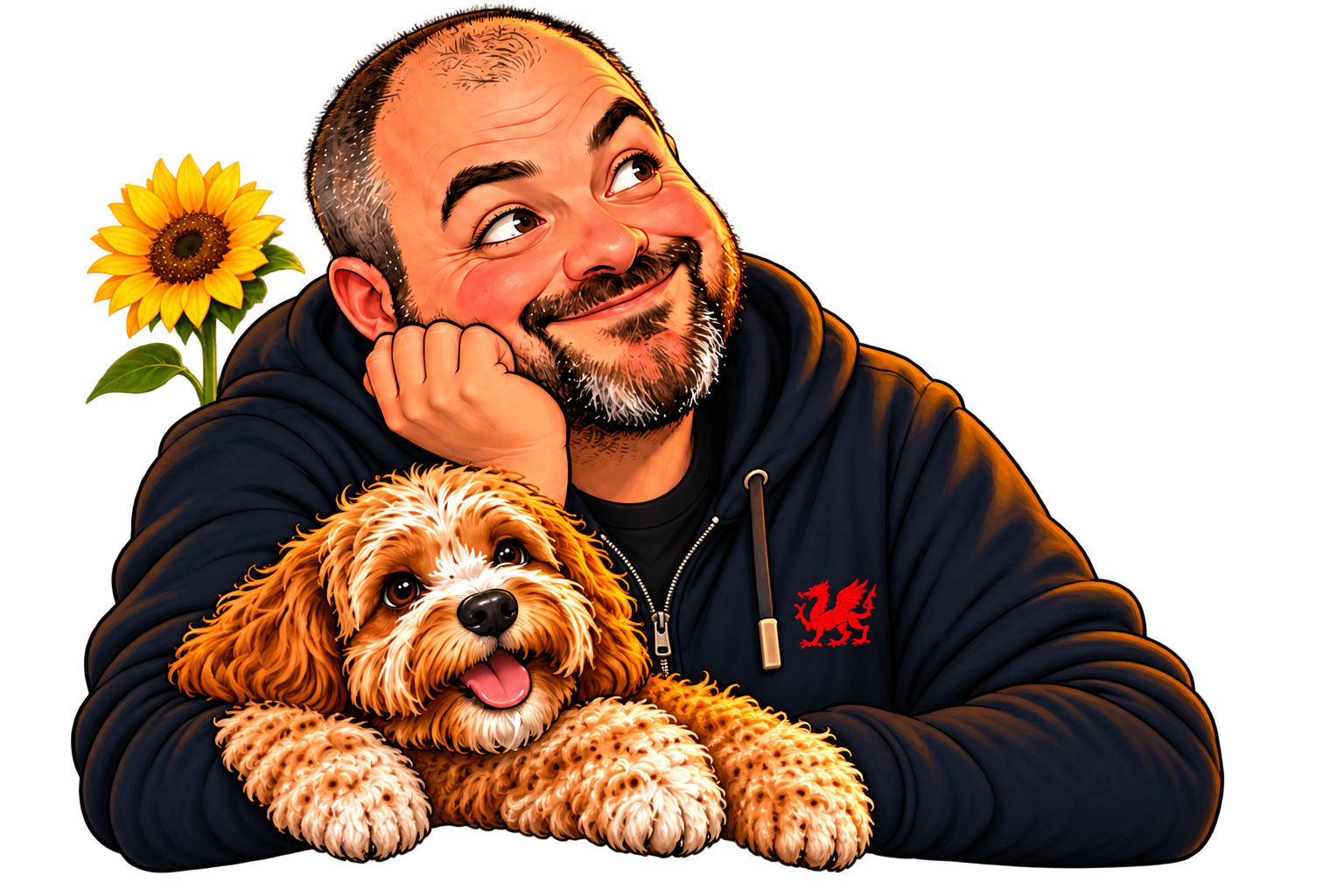 An illustrated adult and curly-haired dog at the desk, with one small sunflower.